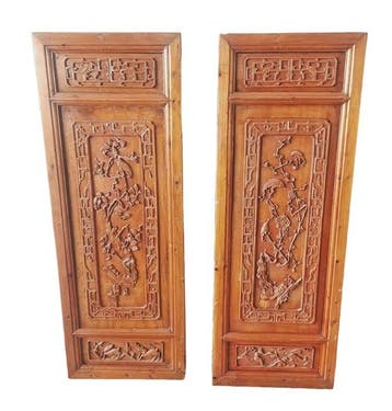Paneel - Teak - China - Paar Chinees panelen (Zonder, Antiek en Kunst