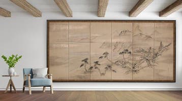 Vouwscherm met Nanga-landschap - Papier, gelakt hout,