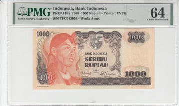 1968 Indonesia 1000 Rupiah Pick 110a Pmg Choice Unc 64, Verzenden