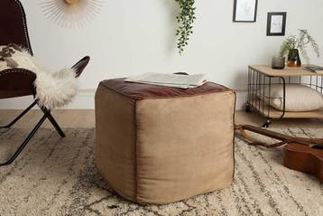 Retro poef MUSTANG lederen bekleding 45cm met linnen, Ophalen of Verzenden, Nieuw