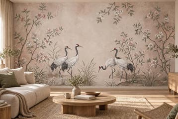 Kraanvogels behang – roze bloemen fotobehang op maat, Verzenden, Fotobehang