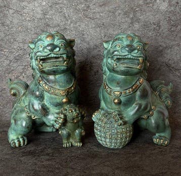 Beeld, Exclusieve Chinese set foo dogs - 21.5 cm - Brons