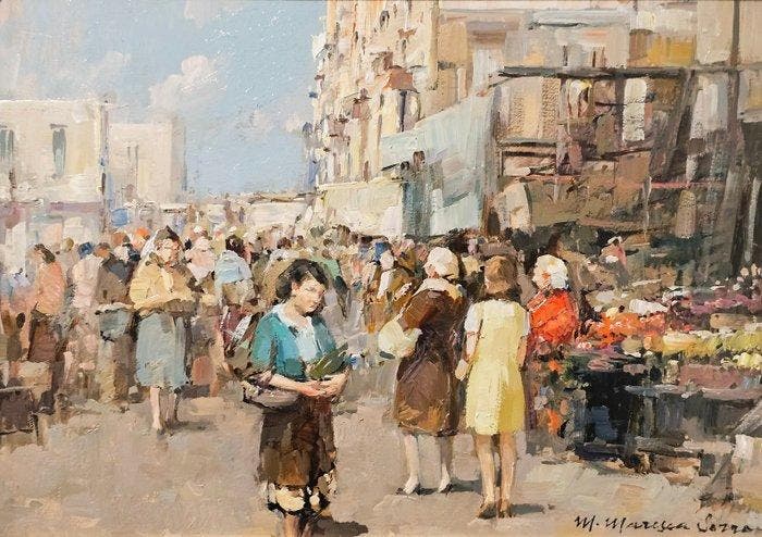 Mario Maresca Serra (1912 - 1991) - Mercato a Napoli, Antiek en Kunst, Kunst | Schilderijen | Klassiek