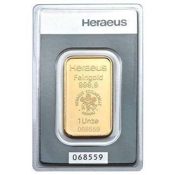 1 Troy Ounce - Goud .999 - 1 oz .9999 Fine Gold Bar Heraeus,