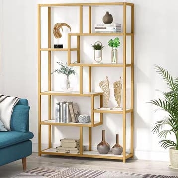 Boekenkast Goud – 5 Niveaus met 8 Open Vakken, Modern, Verzenden, Nieuw