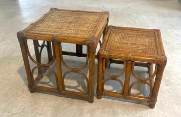 Set bijzettafels - Bamboe, Rattan, Hout - Twee vintage