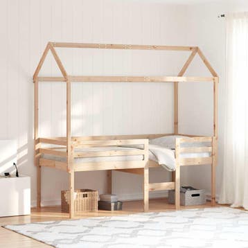 vidaXL Hoogslaper met dak massief grenenhout 90x200 cm, 90 cm, Eenpersoons, Bruin, Verzenden
