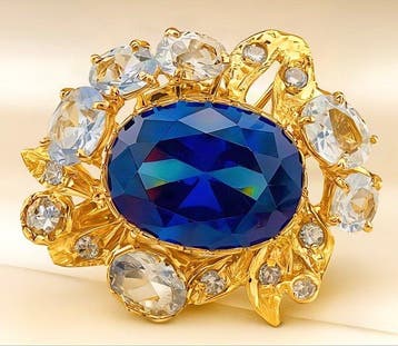 Zonder minimumprijs - Ring - 9 kt. Geel goud, Zilver Saffier, Nieuw