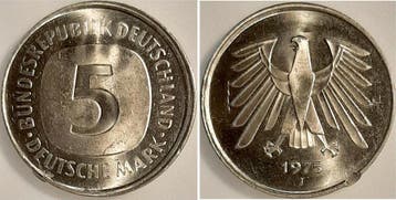 5 Mark Duitsland Fehlpraegung 5 Dm 1975 J zweimal nachein..., Postzegels en Munten, Munten | Europa | Niet-Euromunten, Verzenden