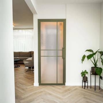 Stalen Binnendeur Olijfgroen 6 Vlaks Kathedraalglas Luxe des, Minder dan 80 cm, Binnendeur, Nieuw, Metaal