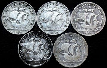 Portugal. Lote de 5 moedas de Prata de 5 Escudos Caravela