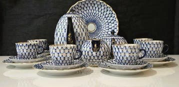 Lomonosov - Koffieservies (22) - Cobalt Net - Porselein