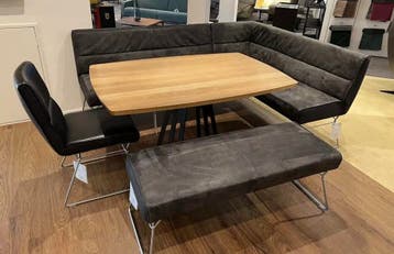 Koinor Eethoekbank + poef en tafel, Ophalen, Nieuw, Grijs, Leer