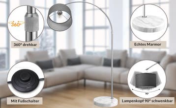 Booglamp Stoffen Kap Marmeren Voet 150-175cm Grijs (Lampen), Verzenden, Nieuw