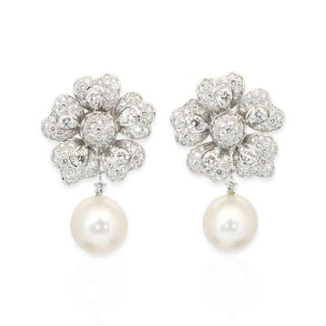 Oorbellen - 18 karaat Witgoud - 29.01ct. tw. Parel - Diamant, Nieuw