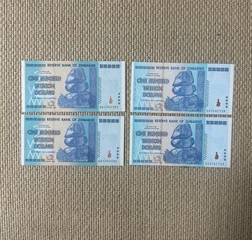 Zimbabwe. - 4 x 100 Trillion - 2 genuine + 2 forgeries