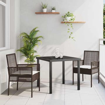 vidaXL Tuin eettafelset met kussen 3 pcs Bruin poly rattan, Verzenden, Nieuw, Rotan, 3 zitplaatsen