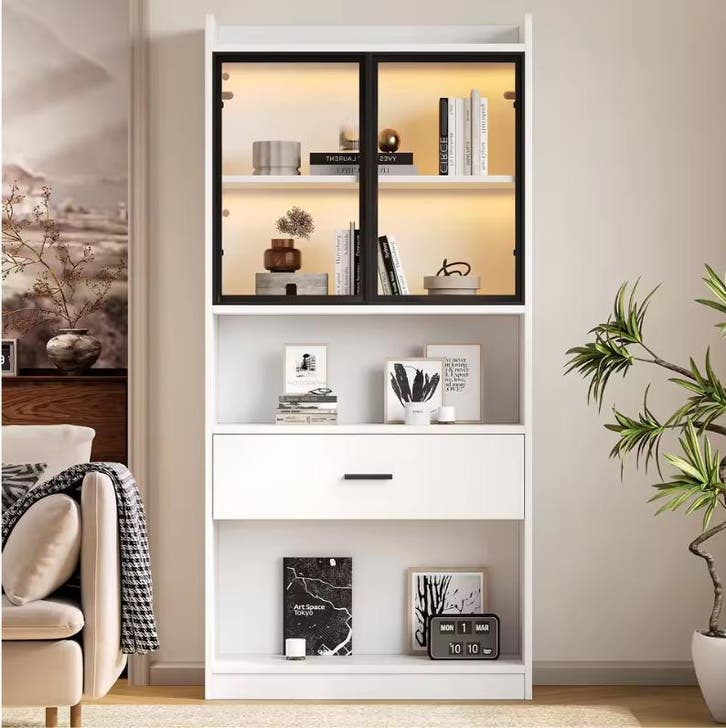 Vitrinekast met LED en Lade – 80×35,2×153,5 cm Wit, Huis en Inrichting, Kasten | Vitrinekasten, Nieuw, Verzenden