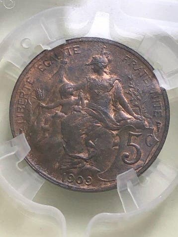 Frankrijk. 5 Centimes 1909 Dupuis. GENI MS63 (Zonder
