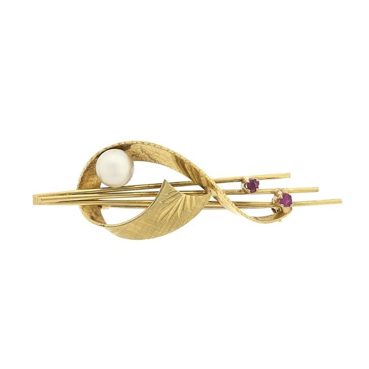 Gouden broche met parel en robijn, Sieraden, Tassen en Uiterlijk, Broches, Overige kleuren, Gebruikt, Met edelsteen, Goud, Ophalen of Verzenden