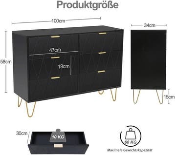 Commode - Dressoir - Ladekast - 100x34x73 cm - Zwart - UEV, Verzenden, Zo goed als nieuw