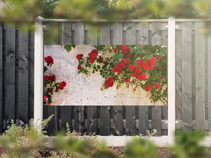NR 1215: Tuinposter Witte muur met rozen 90x180cm, Tuin en Terras, Tuinwanddecoratie, Nieuw