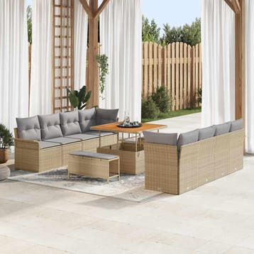 vidaXL Tuinbankenset 11 st Beige poly rattan, Verzenden, Nieuw, Rotan, Meer dan 8 zitplaatsen