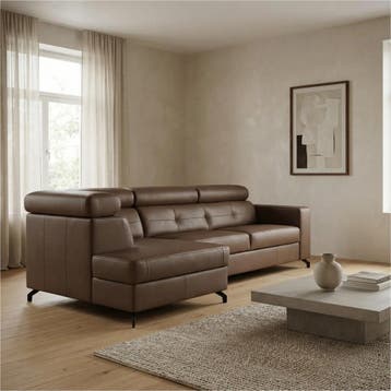 Leren hoekbank Nova - 2.5-zits arm rechts + Longchair arm, 250 tot 300 cm, Bohemian, Industrieel, Modern, Scandinavisch, Hoekbank