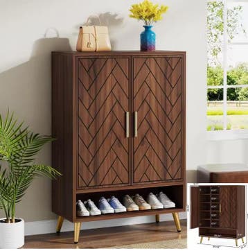 Moderne schoenenkast wit bruin met visgraat deuren, Verzenden, Nieuw