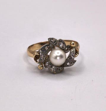 Ring - 18 karaat Geel goud, Platina - 0.10ct. tw. Parel -, Nieuw