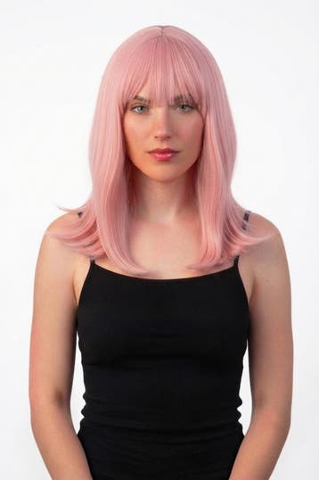 KIMU® Luxe Roze Pruik Schouderlengte Haarwerk Stijl Pony Lic, Ophalen of Verzenden, Nieuw, Carnaval