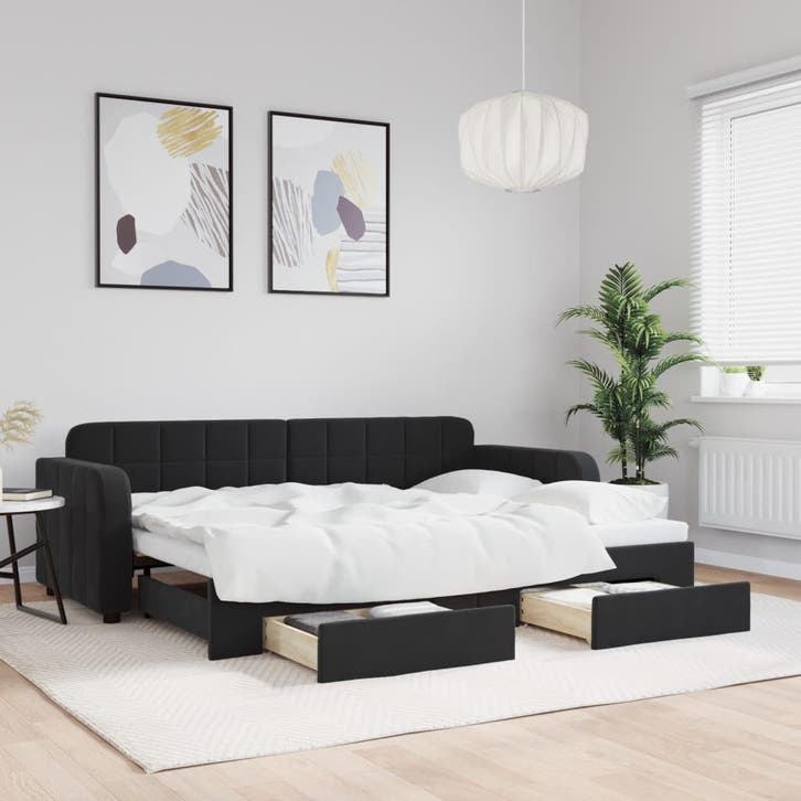 vidaXL Slaapbank met onderschuifbed en lades 80x200 cm, Huis en Inrichting, Slaapkamer | Bedden, 80 cm, 200 cm, Zwart, Eenpersoons