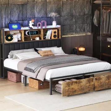Modern Bedframe met Opberglades, LED en PU Hoofdbord, Verzenden, Nieuw