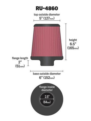 K&N Filter Universal Rubber Filter 2 1/2 inch Flange 6 inch, Auto-onderdelen, Filters, Ophalen of Verzenden, Nieuw