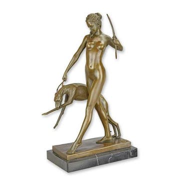BRONZEN BEELD VAN DIANA MET JACHTHOND (Beeldjes - Decoratie), Verzenden, Nieuw