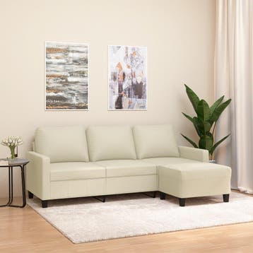 vidaXL Driezitsbank met voetenbank 180 cm kunstleer crème, Verzenden, Leer, Minder dan 150 cm, Driepersoons