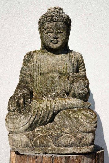 Statua Buddha Antica con Giara | Scultura in Pietra 65cm -