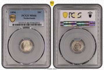 Koningin Wilhelmina 10 cent 1896 PCGS MS66 gecertificeerd, Verzenden, Zilver, 10 cent, Koningin Wilhelmina