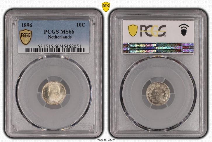 Koningin Wilhelmina 10 cent 1896 PCGS MS66 gecertificeerd, Postzegels en Munten, Munten | Nederland, Losse munt, 10 cent, Koningin Wilhelmina