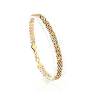 Tricolor gouden fantasieschakel armband (Schakelarmband), Ophalen of Verzenden, Gebruikt, Goud, Goud