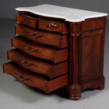 Mahonie commode  met wit marmer ca 1870 3-zijdig gebogen No7, Ophalen of Verzenden
