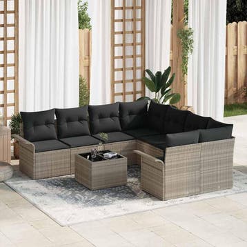 vidaXL Tuinbankenset 9 pcs Licht Grijs en Donker Grijs poly, Verzenden, Nieuw, Rotan, Meer dan 8 zitplaatsen