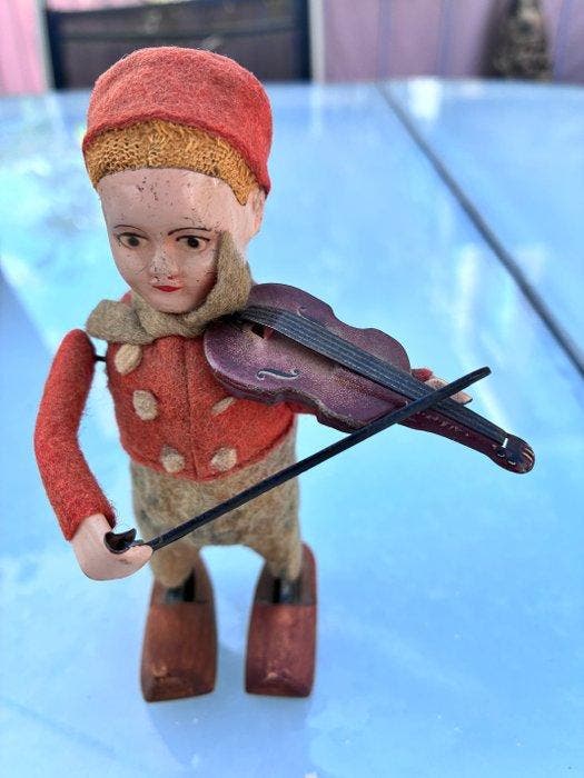 Figuur - Schuco volendammertje met viool - Hout, Textiel,, Antiek en Kunst, Antiek | Speelgoed