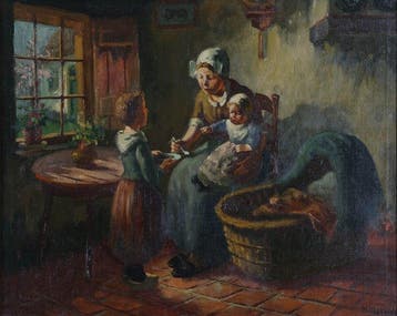 Hendrik van Leeuwen (XX) - Moeder met kinderen, Antiek en Kunst, Kunst | Schilderijen | Klassiek