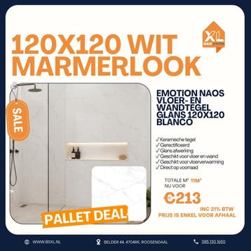 Witte marmerlook glans tegel 120x120 - Palletdeal 11m² €213, 60 cm of meer, Nieuw, Ophalen of Verzenden, 10 m² of meer