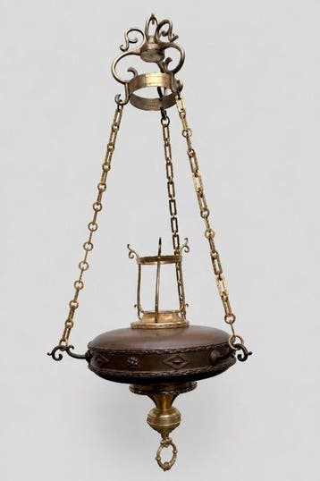 Fraaie bewerkte grote godslamp - Antiek - Gepatineerd brons,