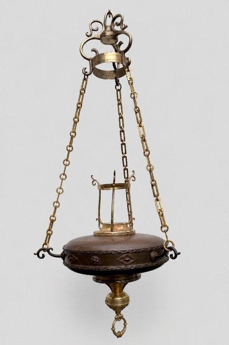 Fraaie bewerkte grote godslamp - Antiek - Gepatineerd brons,, Antiek en Kunst, Kunst | Niet-Westerse kunst