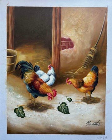 Rossitez - Rustic Farmyard Scene with Roosters & Hens, Antiek en Kunst
