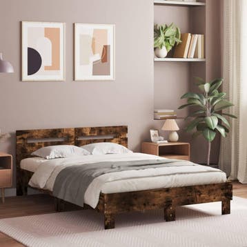 vidaXL Bedframe met hoofdeinde bewerkt hout gerookt eiken, Huis en Inrichting, Slaapkamer | Bedden, Bruin, Verzenden, Nieuw, Twijfelaar