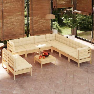 vidaXL 10-delige Loungeset met crèmekleurige kussens, Tuin en Terras, Verzenden, Nieuw, Loungeset